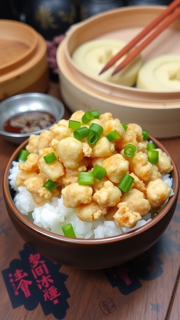 Bowl of golden pork floss beside a bowl of rice with chopsticks in a rustic kitchen.